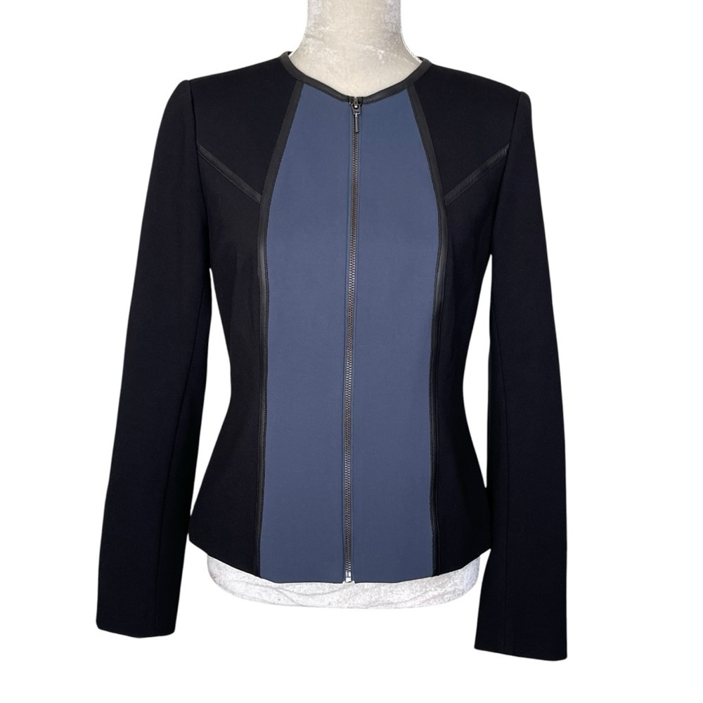 Carlisle New York Zip Up Jacket Women’s Size 4 Leather Trim Black Blue Chic
